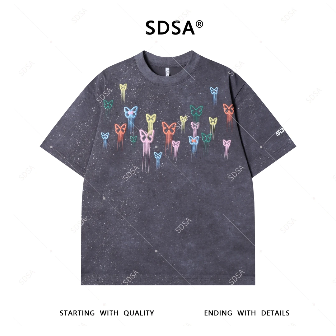 夏季高级感新款男士美式彩色印花蝴蝶设计短袖T恤百搭圆领上衣潮