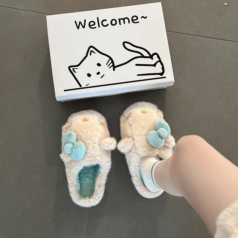 可爱卡通俏皮甜美水豚蝴蝶结包头拖鞋女2025冬季新款棉拖鞋半拖鞋