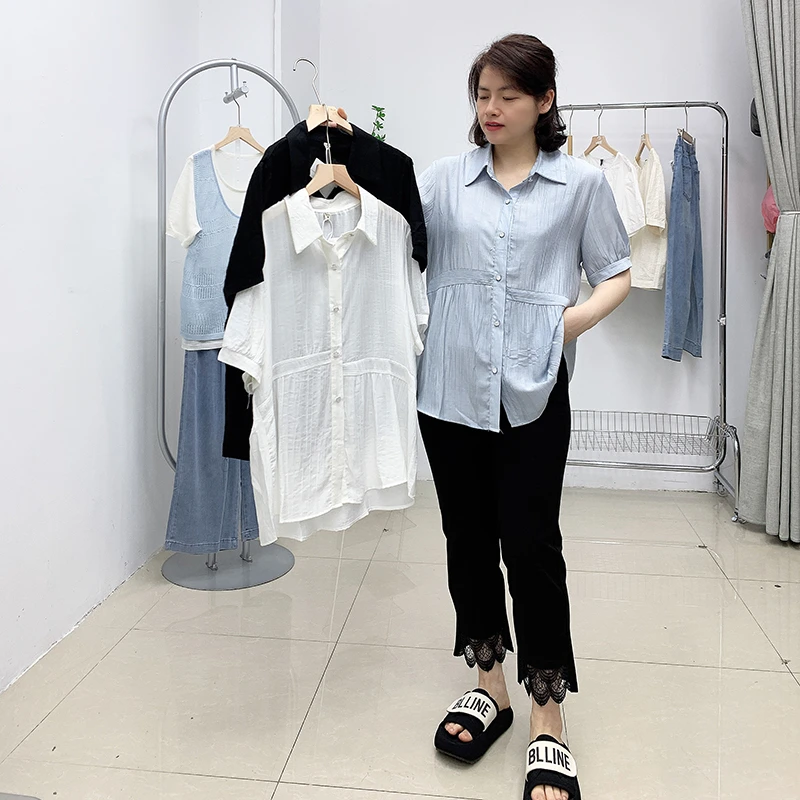花朵扣纯色衬衫+脚口拼接蕾丝小黑裤夏季新品大码女装梦小美显瘦