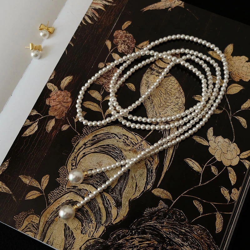 美拉德配饰贝珠项链女时髦超长多层叠戴锁骨链夏天小众送女友礼物