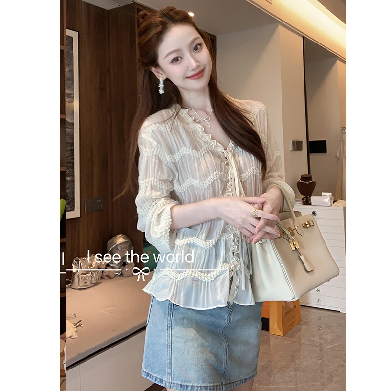 Qiuzixian【奶油慕斯】夏新款减龄V领小衫女洋气上衣
