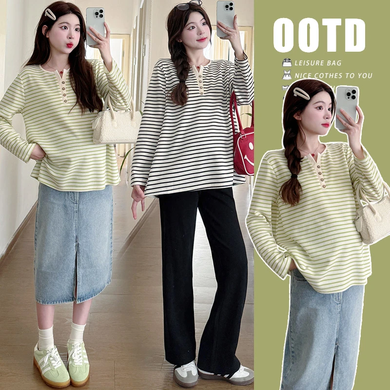 小个子气质孕妇女式条纹卫衣孕妇减龄宽松条纹休闲宽松T恤上衣女