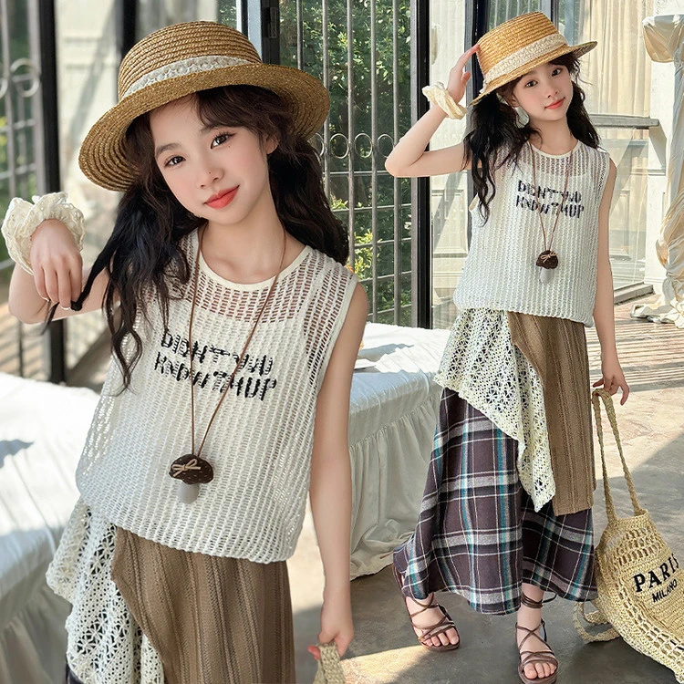 女童夏装套装2025新款儿童不规则半身裙大童镂空背心吊带旅游穿搭