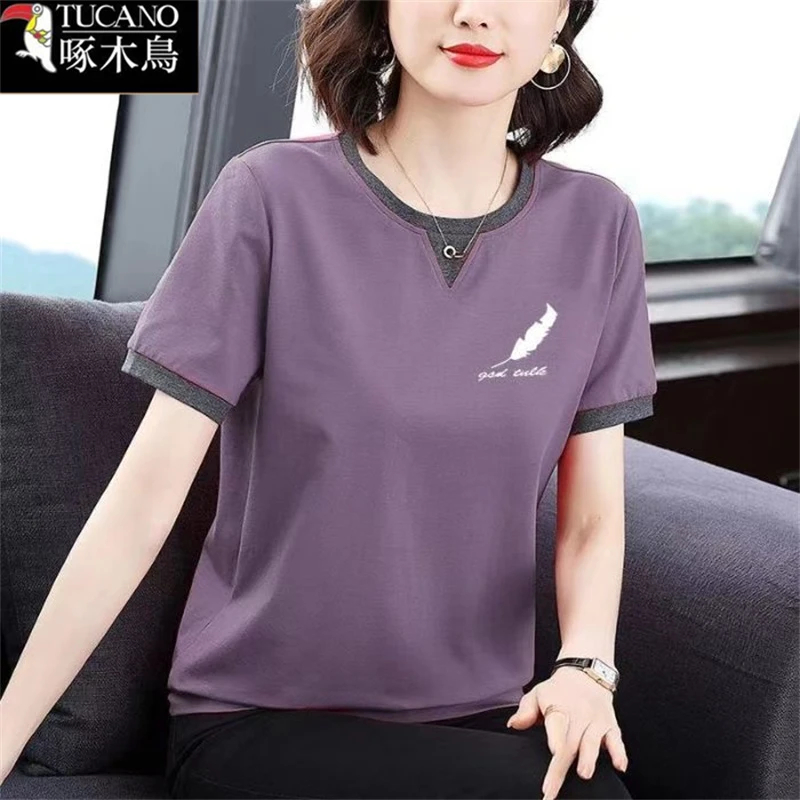 啄木鸟正品短袖印花T恤2025年夏季新款减龄圆领拼色设计感上衣女