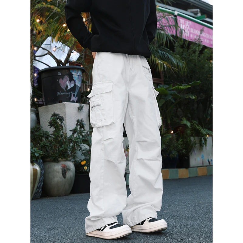 多口袋美式链牛仔裤春季白色情侣户外工装裤潮流长裤阔腿裤 8232