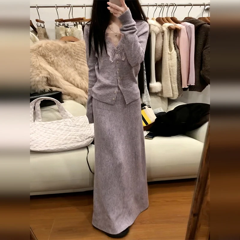 小香风紫色针织连衣裙子女秋冬季早秋内搭配大衣长裙套装7153