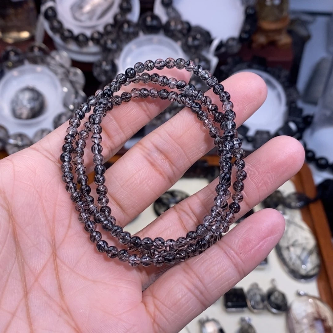水晶手链未镶嵌三圈3.5mm全透体满发蕾丝黑发晶