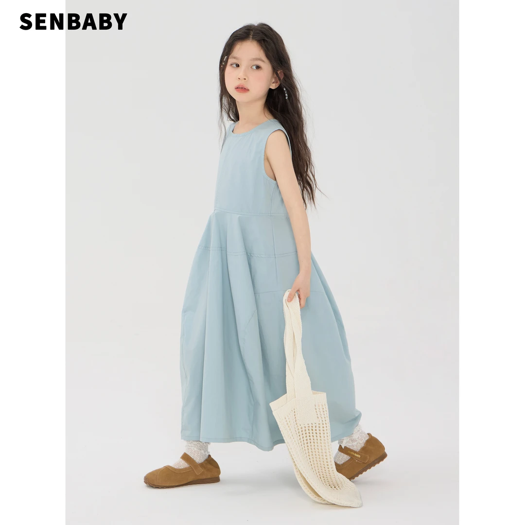 【现货亲子装】SENBABY童装女童连衣裙设计感母女装亲子蓝色连衣裙
