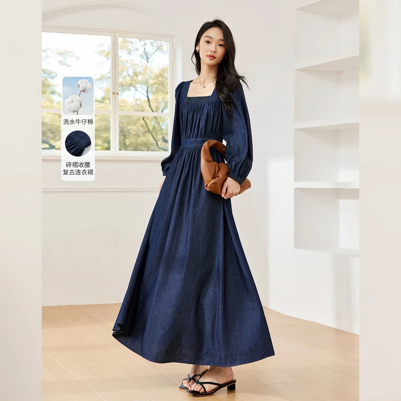 *法式牛仔连衣裙长款女裙2025新款显瘦收腰a字裙气质M9059