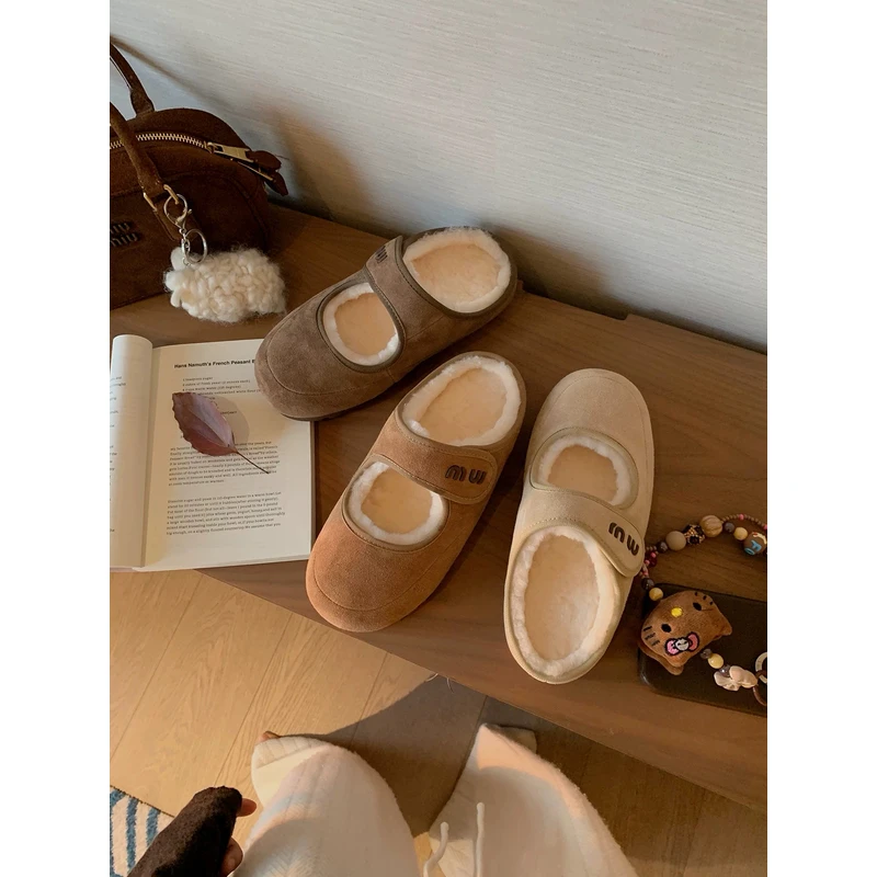 [Findme大码女鞋]牛皮版～可爱魔术贴玛丽珍浅口加绒玛丽珍毛毛半