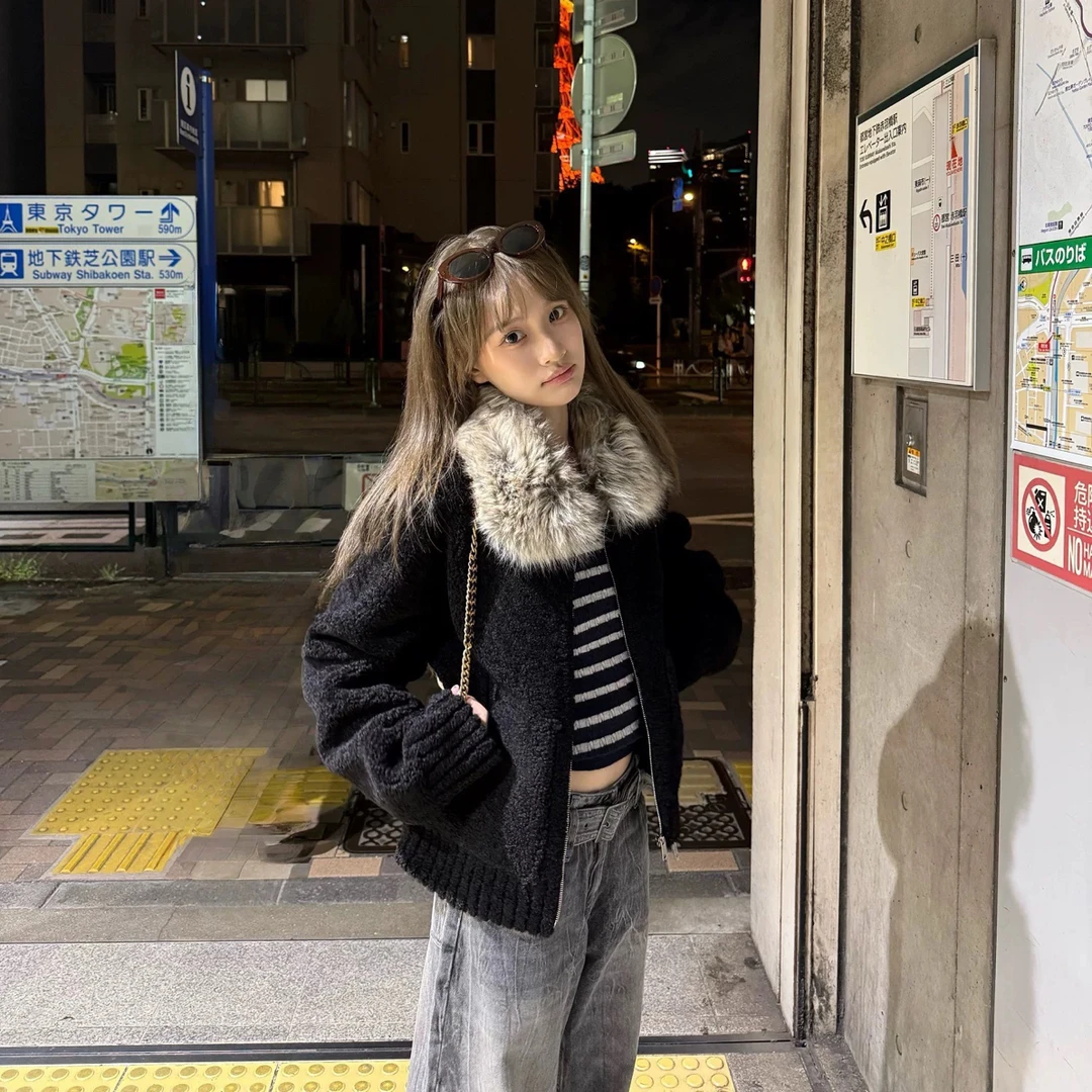 CEEYOOU 定染毛领小颗粒羊羔毛外套冬黑色毛毛冬装2025新品