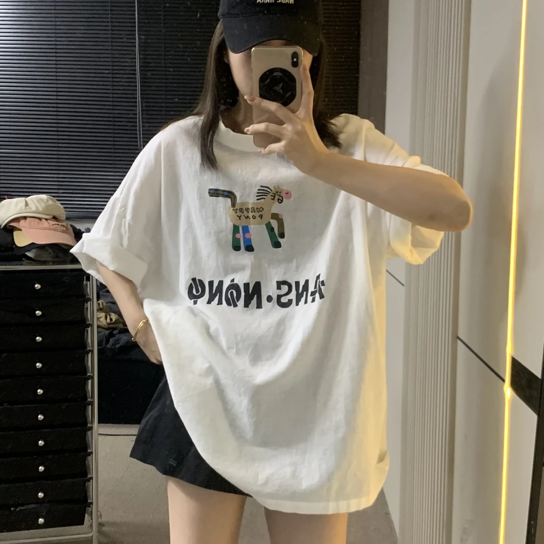 夏季宽松棉麻卡通打底衫白色慵懒T恤88205