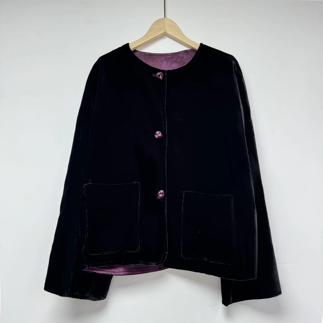 新中式真丝丝绒外套女长袖2024秋冬国风撞色设计感双面穿百搭上衣