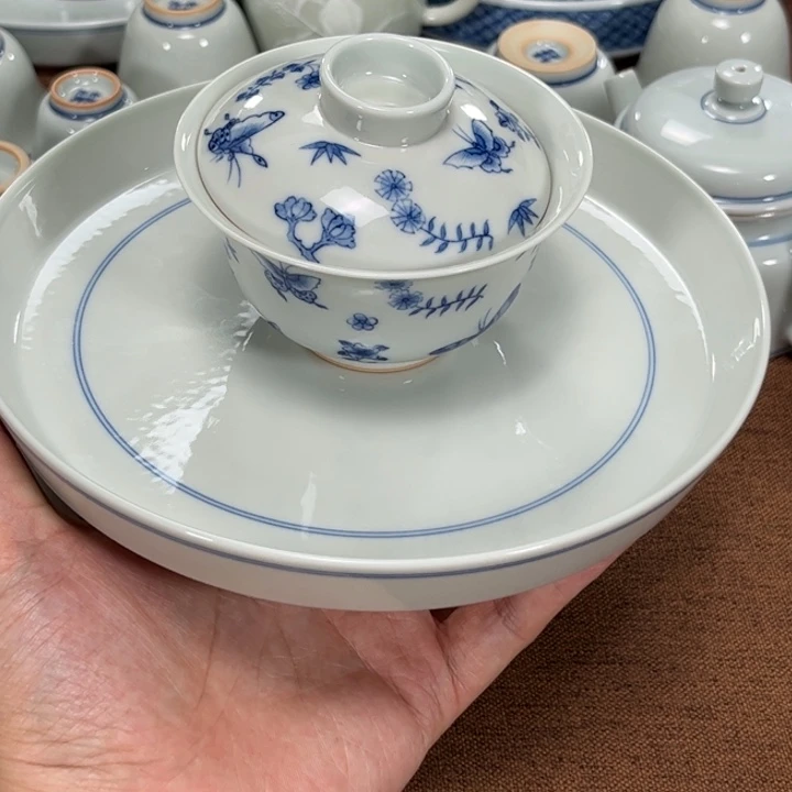 柴烧青白灰釉青花瓷套组