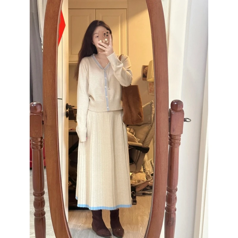 法式复古针织衫毛衣套装裙子女秋冬季巨好看的韩系穿搭两件套长裙