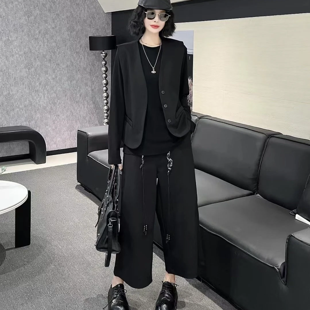 早秋马甲阔腿裤三件套长裤长袖上衣气质显瘦时尚休闲遮肉宽松套装