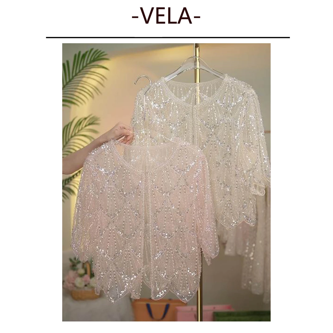 VELA 水晶贝壳短袖开衫一个扣子透透轻奢亮片