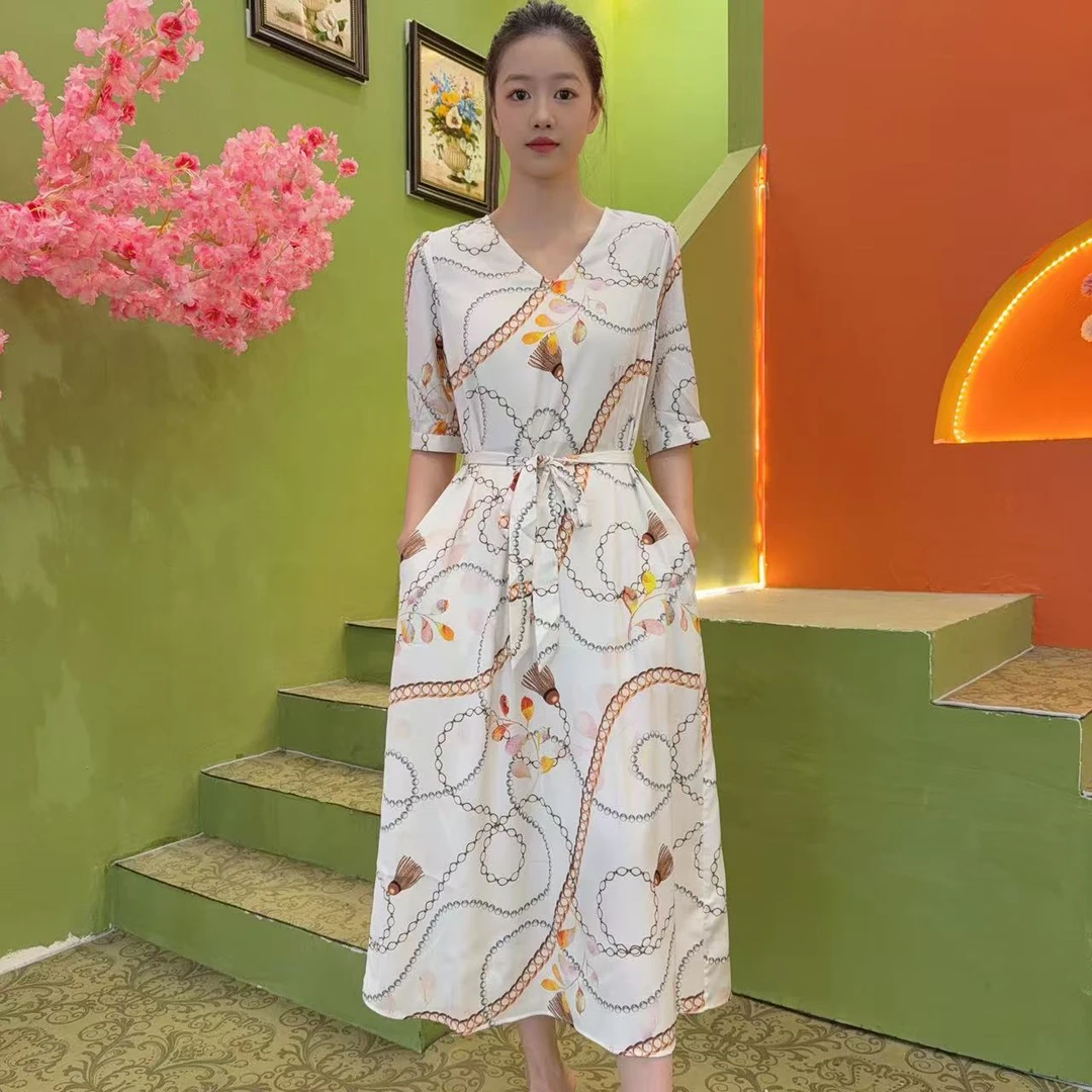 新款真丝连衣裙夏季高端大牌重工腰带显瘦中长款桑蚕丝裙子042