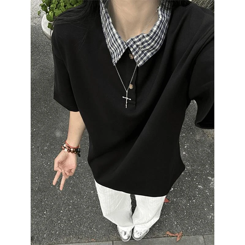 美式假两件正肩POLO衫男款夏季设计感翻领格子衬衫领拼接短袖T恤