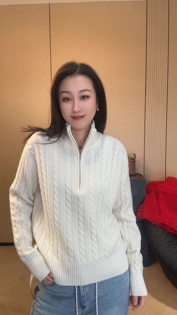 100%羊毛半高领拉链毛衣新款重工麻花针织显瘦休闲百搭上衣女士