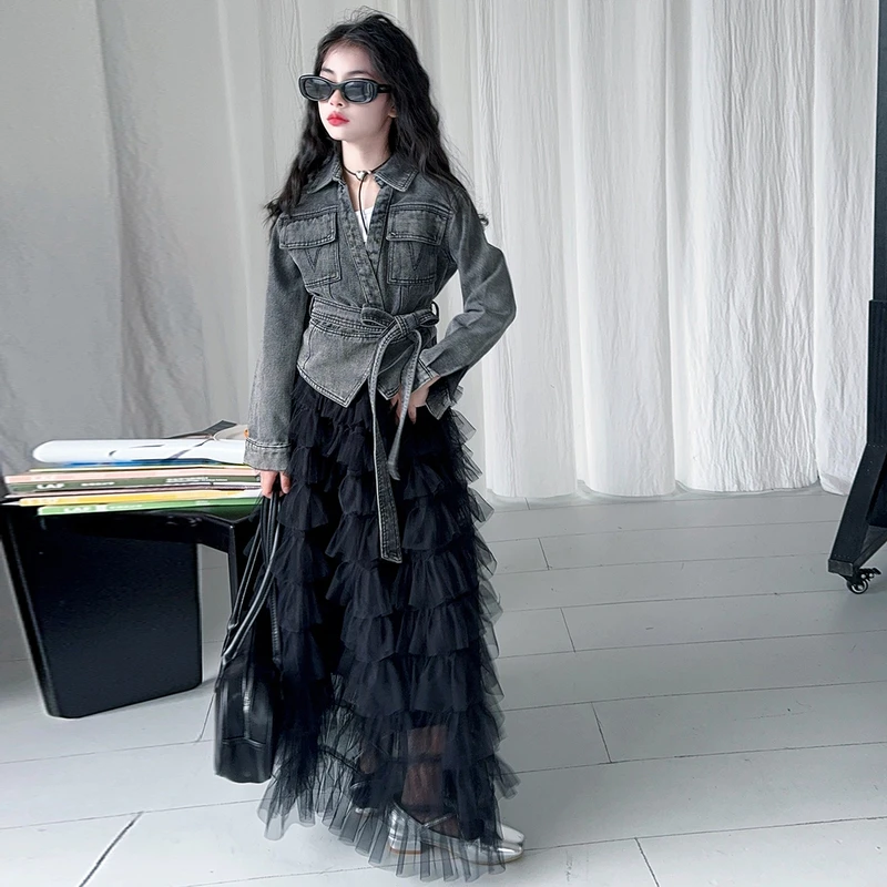 2025年新款春季女童时尚复古腰带女式牛仔外套网纱松紧半身裙套装