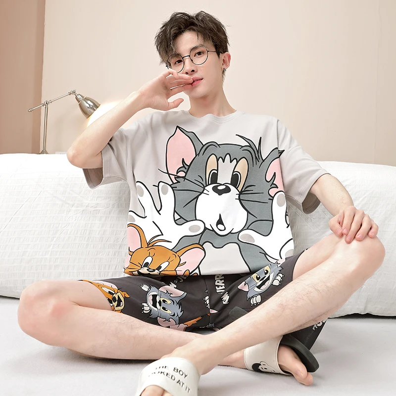 男士睡衣夏季短袖纯棉卡通猫和老鼠青少年薄款学生全棉家居服套装