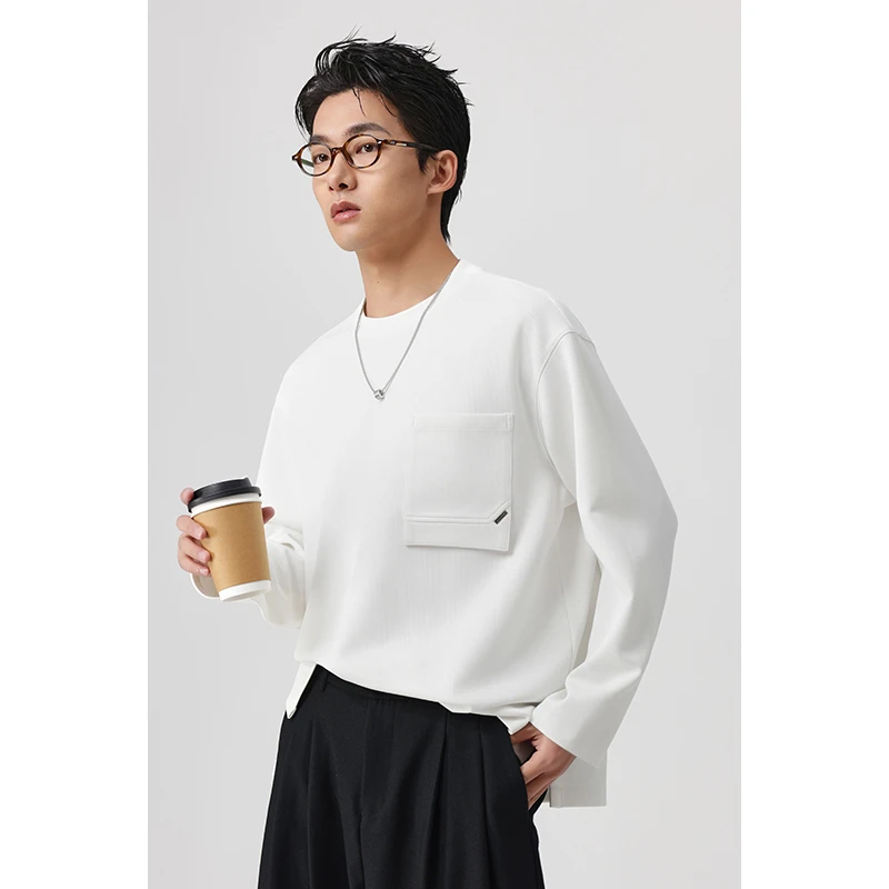 纯色圆领T恤男士长袖白色休闲简约宽松春秋运动百搭打底衫GNT21