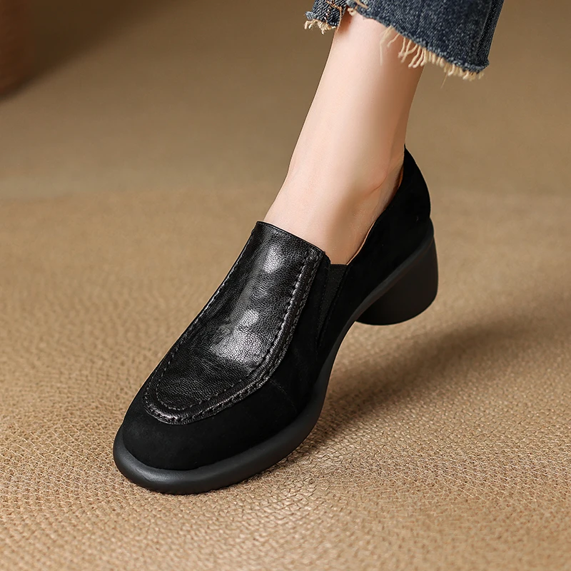 真皮软底单鞋懒人一脚蹬休闲乐福鞋圆头粗跟厚底女士小皮鞋不累脚