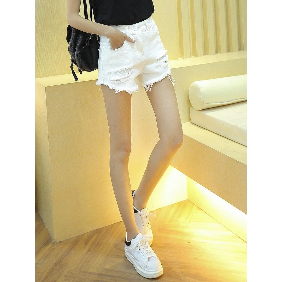 2025夏季新款白色高腰牛仔短裤女小个子宽松显瘦阔腿破洞毛边热裤