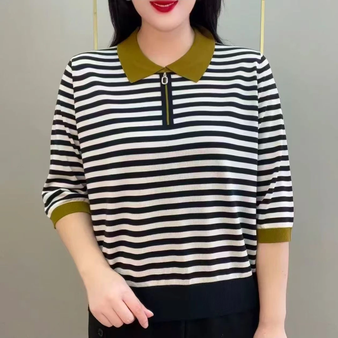 新款翻领条纹七分袖上衣妈妈女装宽松显瘦洋气百搭拼色休闲外穿