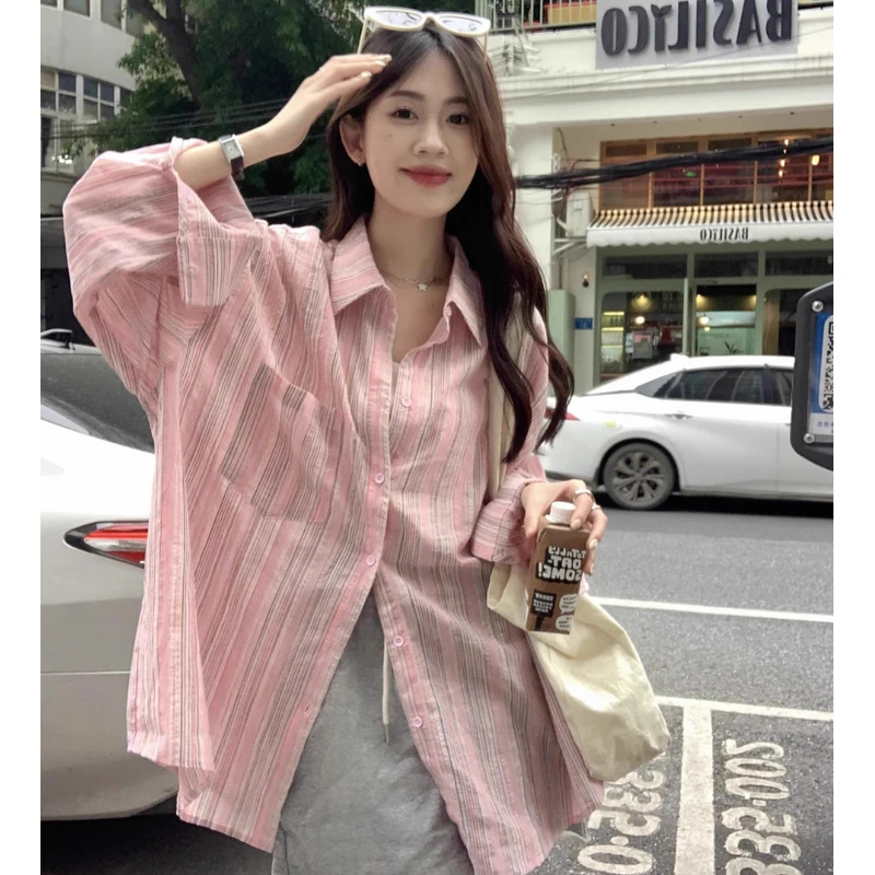 2025春装大码女装韩国chic粉色条纹衬衫慵懒风防晒衬衣M-4XL200斤