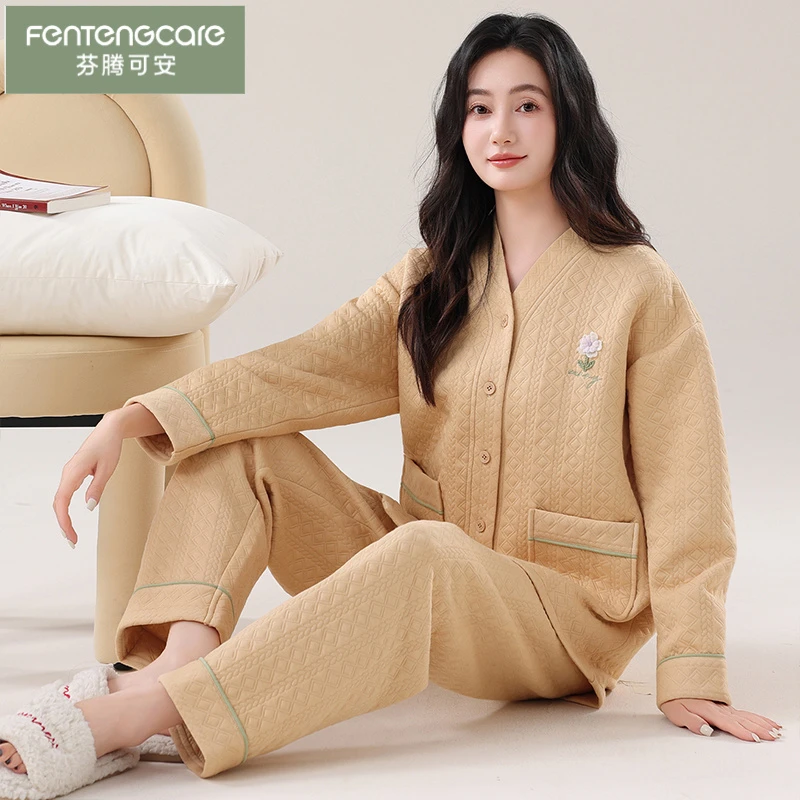 芬腾可安薄款女士冬季新款三层夹棉保暖舒适柔软睡衣纯棉家居服