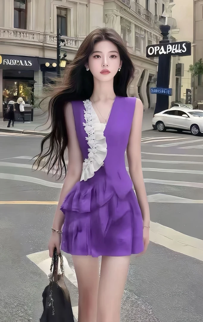 新款时尚温柔知性风紫色V领收腰修身包臀无袖连衣裙女氛围感女装