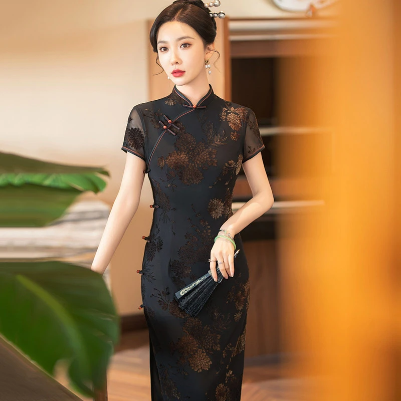 夏季新款花罗宽边改良日常修身中老年复古气质日常中国风旗袍黑色