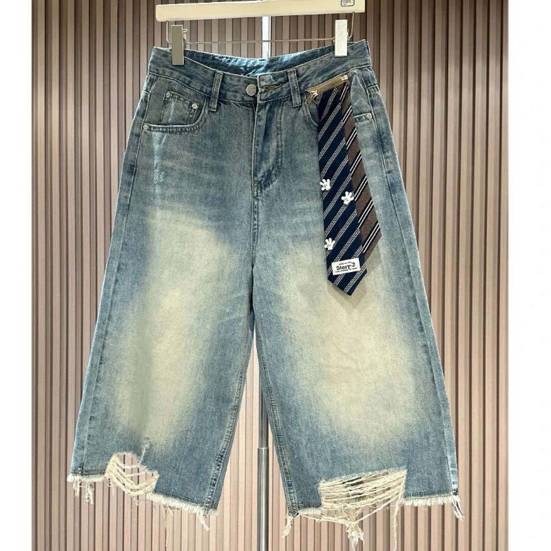 美式潮牌破洞七分八分牛仔裤女装夏季宽松直筒阔腿休闲裤