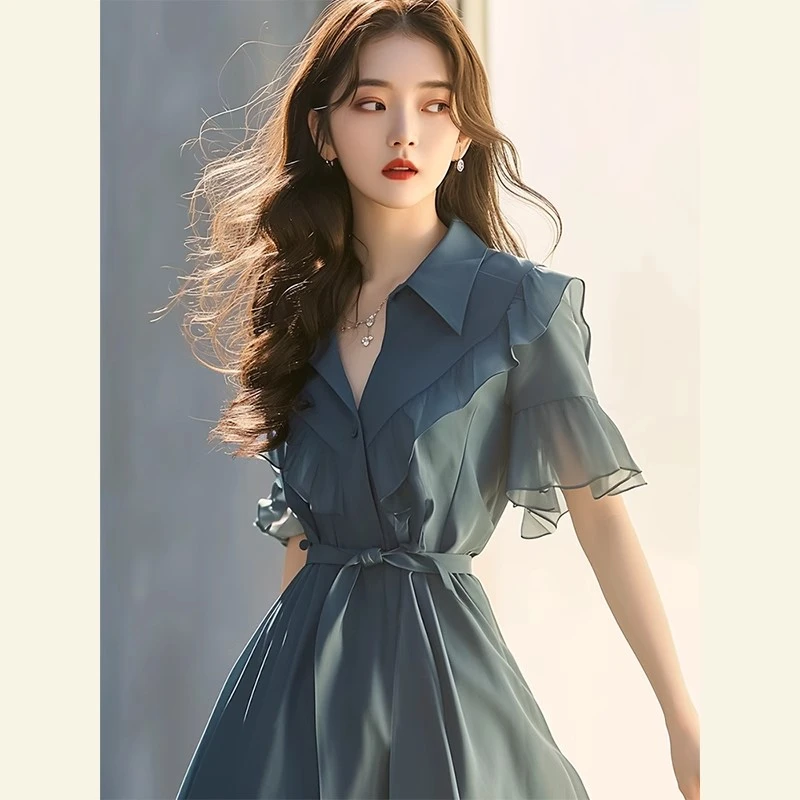 2025年夏装女那不勒斯法式高端精致荷叶边收腰蓝色雪纺衬衫连衣裙