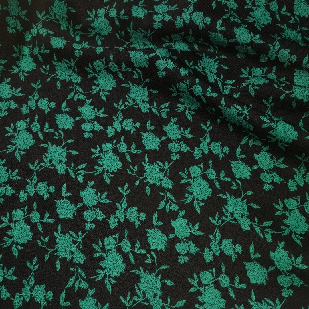 微弹力破卡布料 HPK0193 黑底小绿花 可做夏季连衣裙 寸衣面料