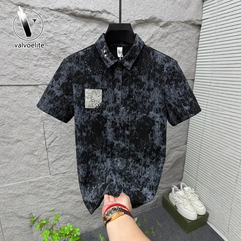 VALVOELITE2025新款满天星刺绣烫钻短袖体恤男士夏季修身休闲上衣
