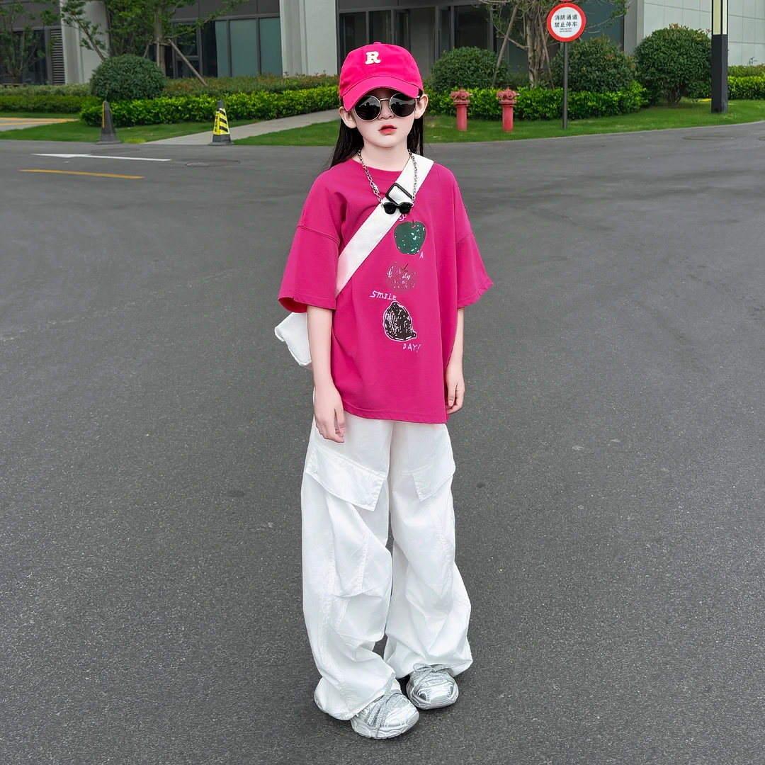 女童2025夏季新款韩版休闲洋气百搭T恤宽松工装阔腿裤两件套潮酷