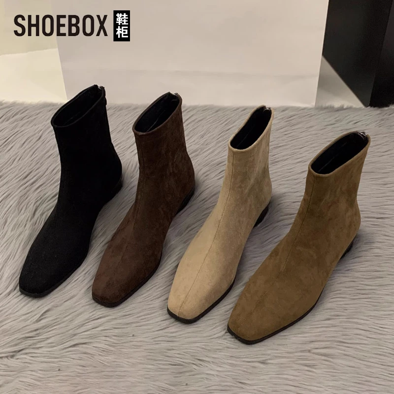 SHOEBOX鞋柜粗跟绒面法式小踝靴女2025秋冬新款马丁靴瘦瘦短靴