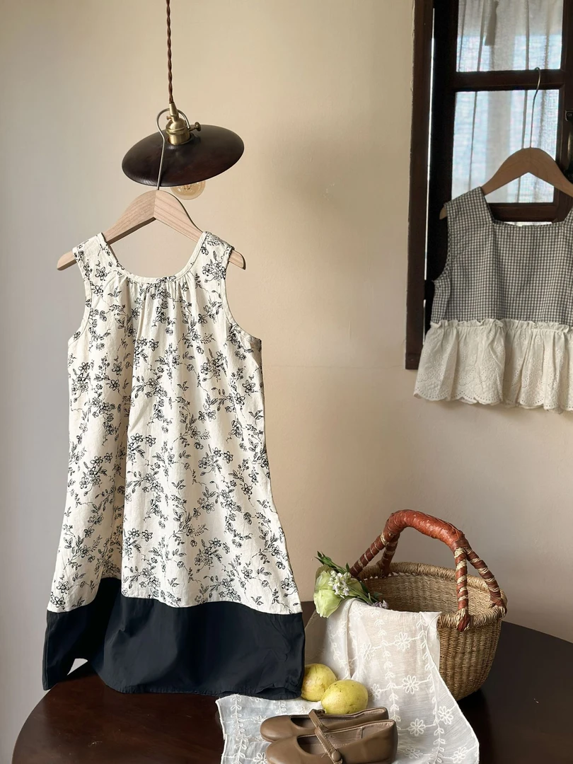 「落日繁花」 韩版无袖碎花薄款拼接女童连衣裙