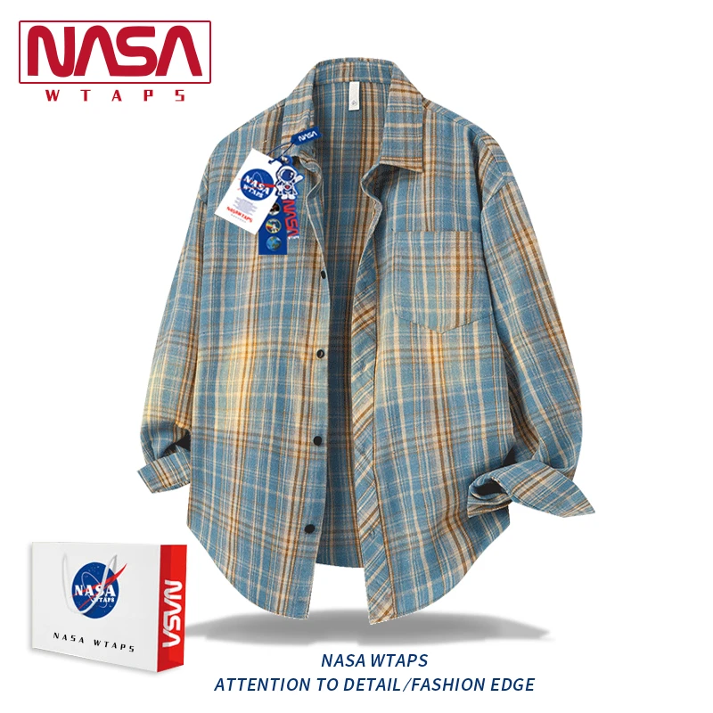 NASA WTAPS衬衫套装男春秋季美式格子翻领潮流青少年长袖衬衣外套