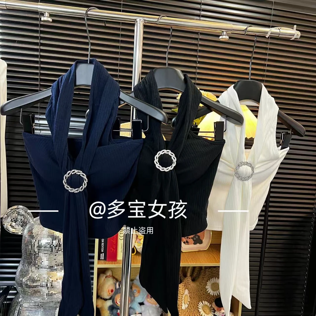 【多宝】纯欲感辣妹风甜辣挂脖系带钻圈抹胸背心女上衣5252