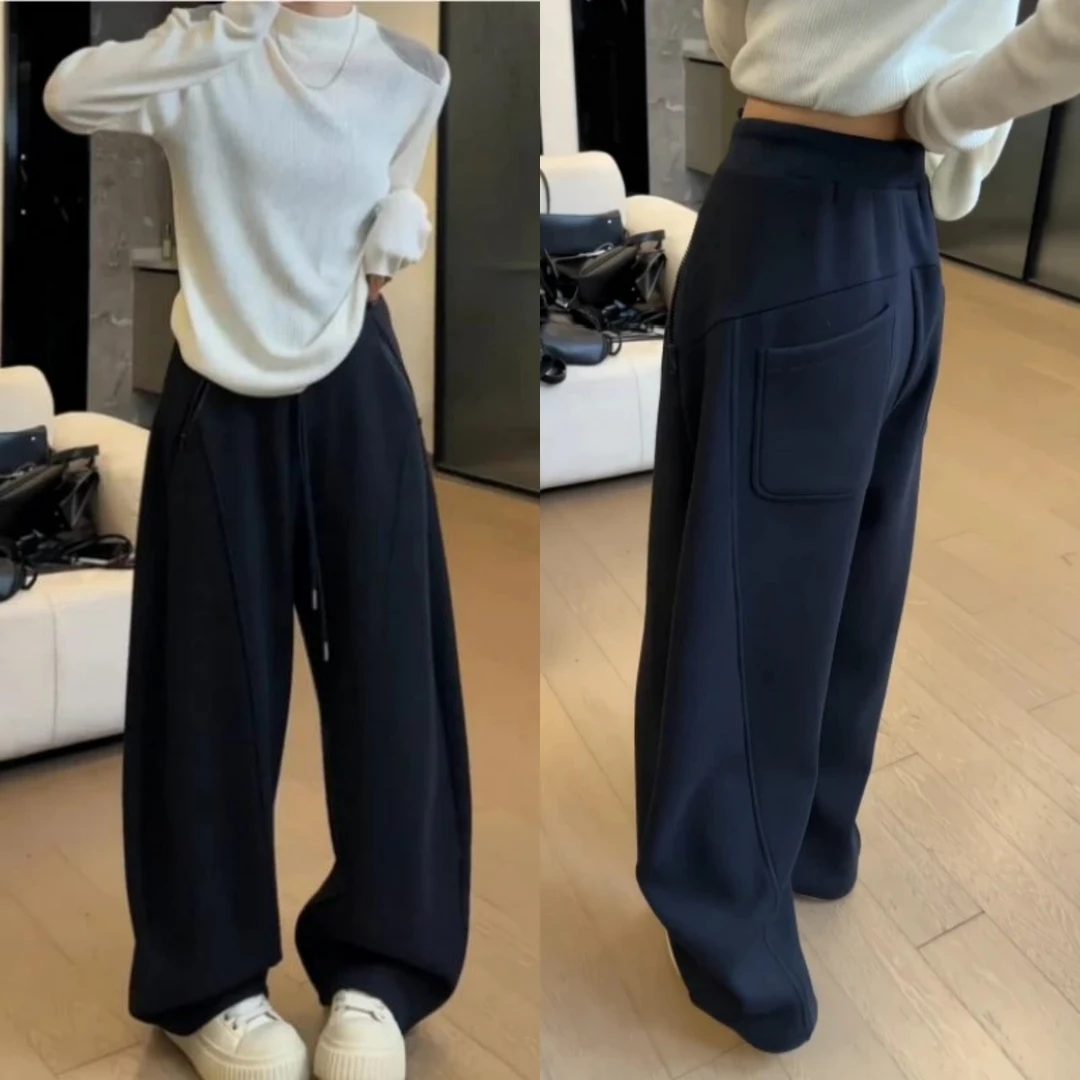 藏蓝色阔腿弯刀裤女秋冬2025新款休闲裤大码显瘦加绒加厚运动卫裤