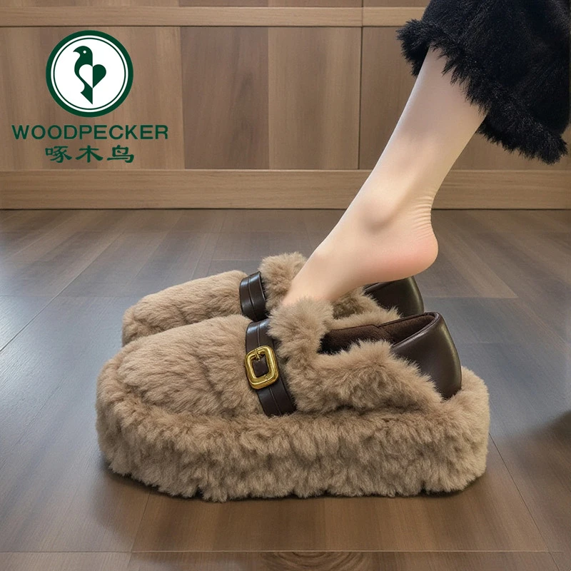 啄木鸟毛毛鞋女2025新款秋冬厚底增高皮带扣加绒保暖一脚蹬豆豆鞋