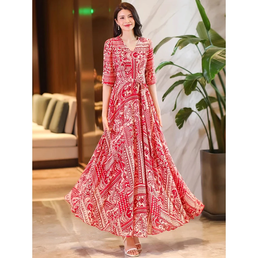 0309春夏新款五分袖中腰系带连衣裙V领显瘦大摆度假裙子