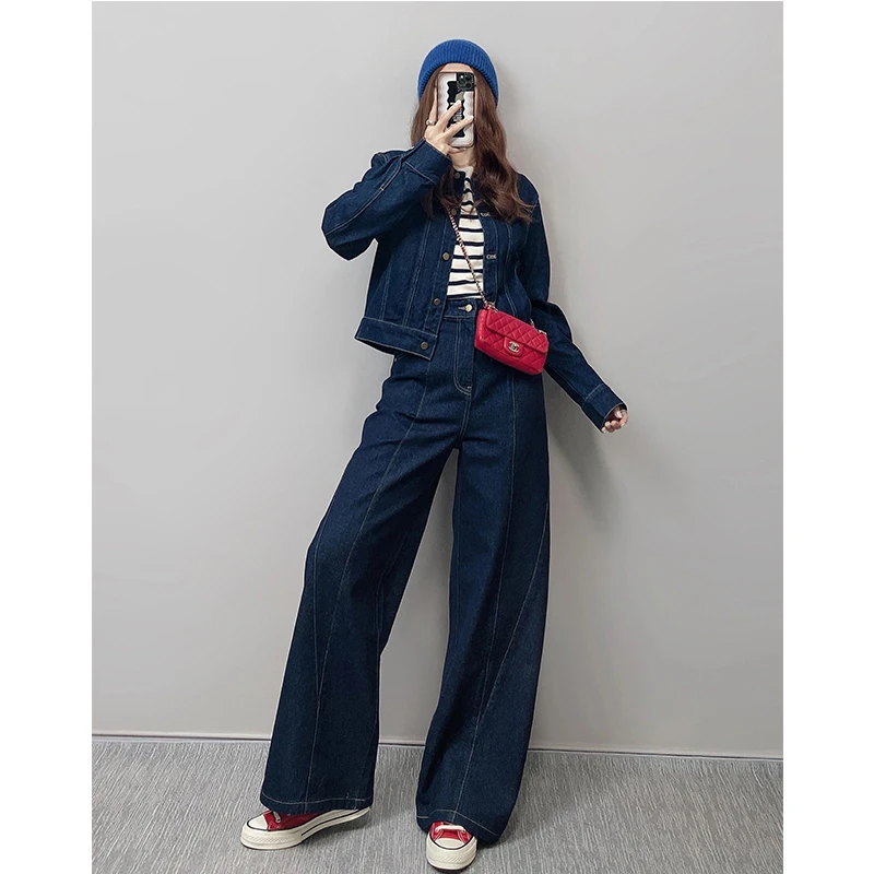 复古牛仔套装女2025秋装新款休闲高级感穿搭显瘦外套阔腿裤两件套