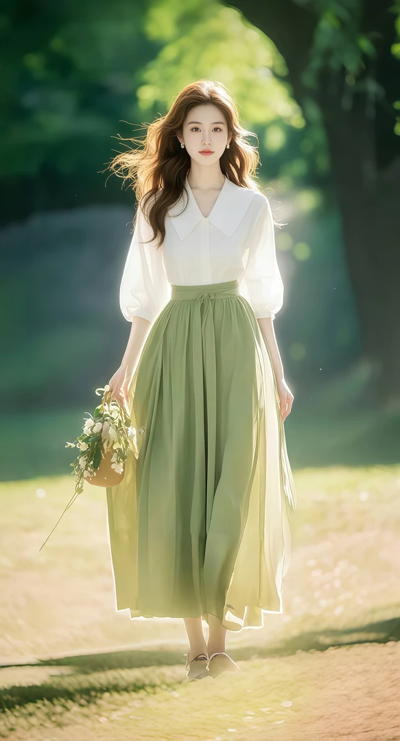 春季森系穿搭一整套轻奢高级感气质女神范减龄独特绿色衬衫套装裙