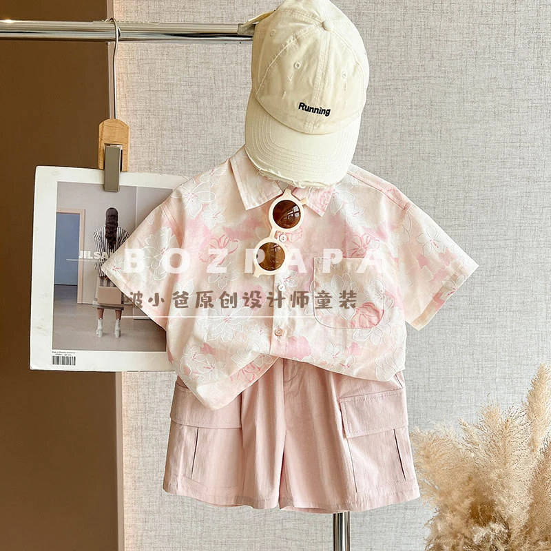 【海派甜心】2025新款夏款男宝休闲立体浮雕花朵衬衫套装春装