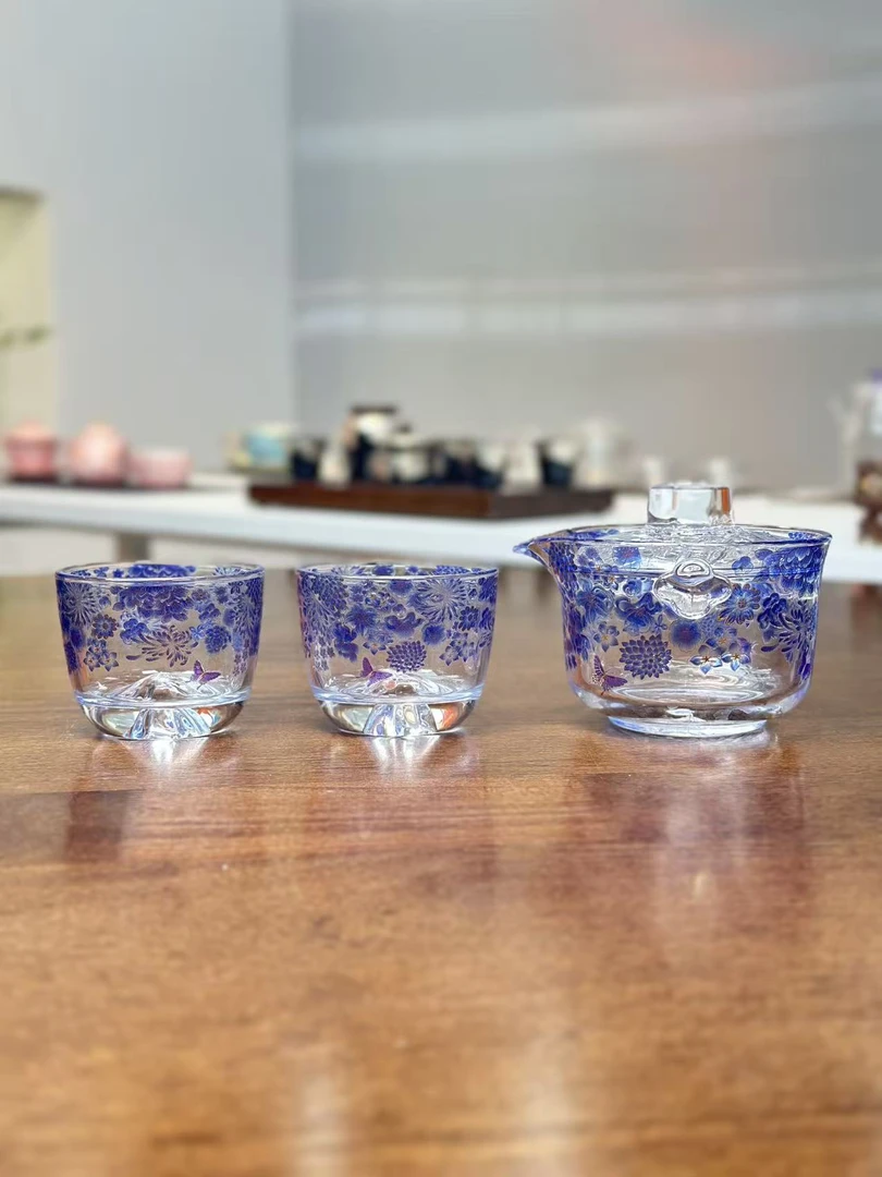玻璃蓝绣球手抓壶带两杯@z961